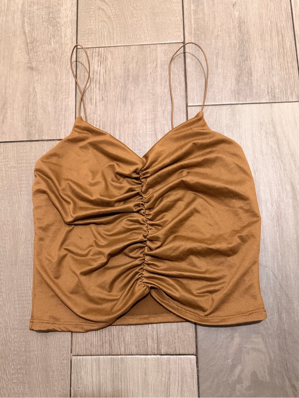 gaze Ruched Spaghetti Strap Crop Top - Brown